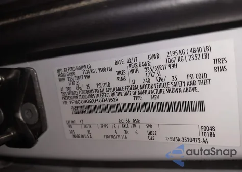 2017 Ford Escape Se z USA, uszkodzony, nr VIN 1FMCU9G9XHUD41626